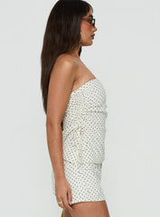 Defined Strapless Gathered Linen Blend Top Cream Polka Dot
