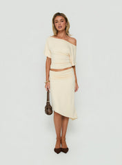 Sezzia Ruched Asymmetrical Midi Skirt Beige