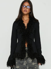 Brynlie Faux Fur Trim Boxy Cardigan Black